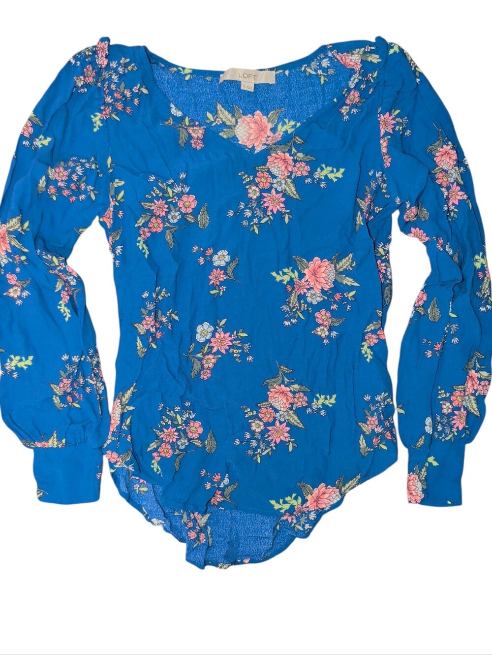 LOFT Bright Blue Floral Long Sleeve Blouse with Pink Accents